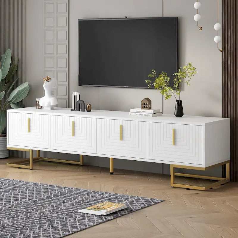 Meuble TV moderne blanc et doré de 180 cm, convient aux téléviseurs jusqu'à 80", assemblage par 2 personnes