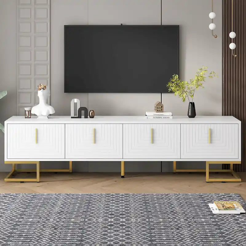Meuble TV moderne blanc et doré de 180 cm, convient aux téléviseurs jusqu'à 80", assemblage par 2 personnes
