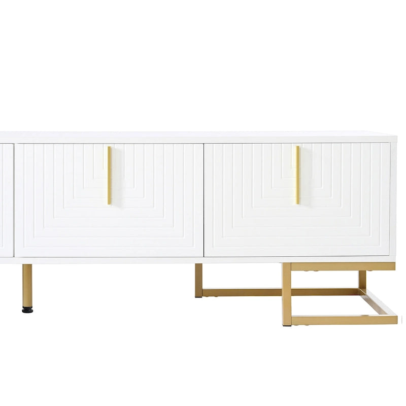 Meuble TV moderne blanc et doré de 180 cm, convient aux téléviseurs jusqu'à 80", assemblage par 2 personnes