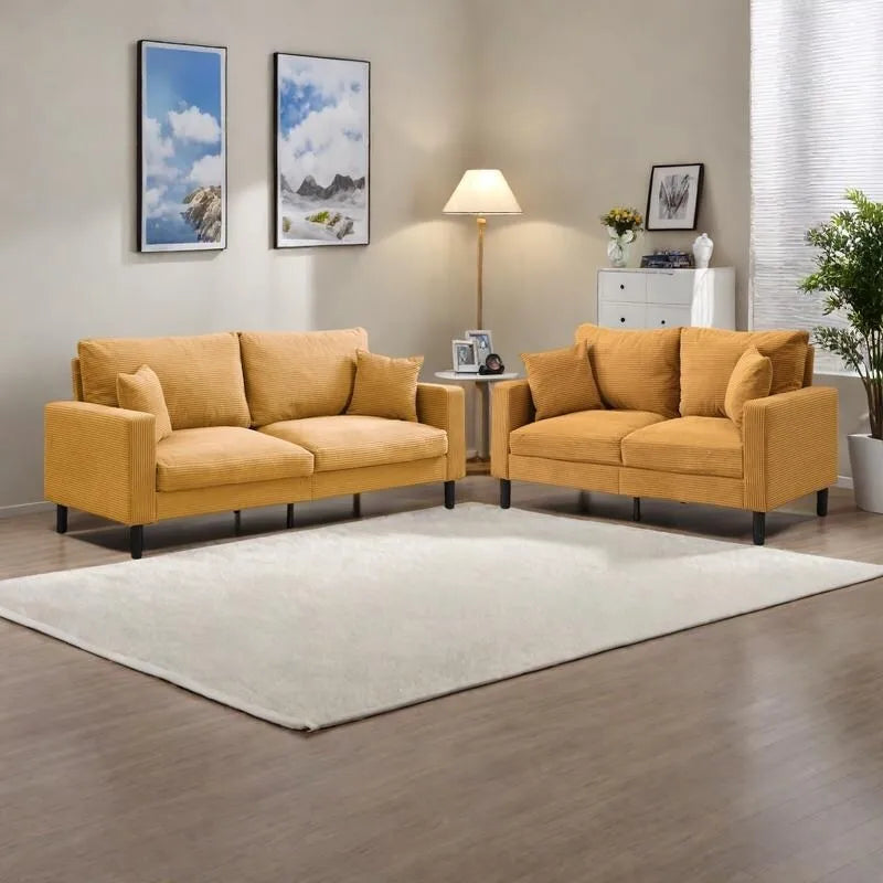 Canapé d'angle 5 places en velours côtelé (3+2 places) – Orange / Gris clair / Gris foncé