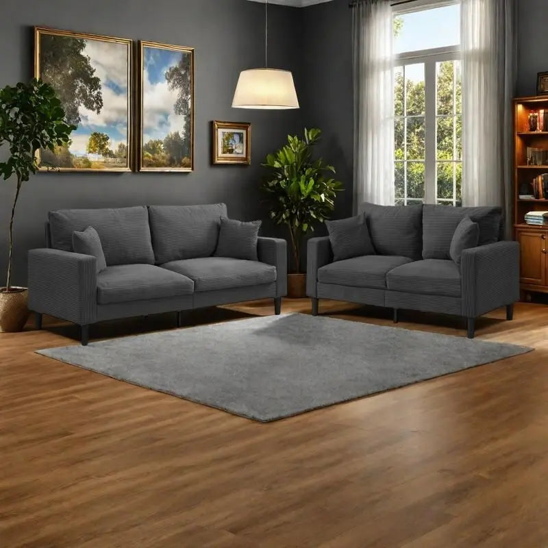 Canapé d'angle 5 places en velours côtelé (3+2 places) – Orange / Gris clair / Gris foncé
