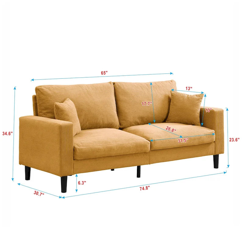 Canapé d'angle 5 places en velours côtelé (3+2 places) – Orange / Gris clair / Gris foncé