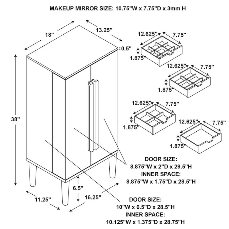 Armoire à bijoux en bois blanc avec miroir – Pieds fuselés, Simple