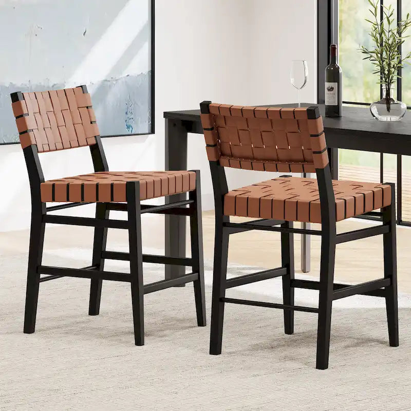 Tabourets de comptoir tissés en similicuir PU noir marron, lot de 2