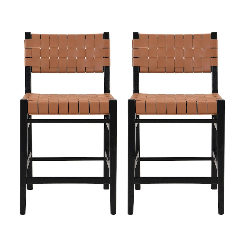 Tabourets de comptoir tissés en similicuir PU noir marron, lot de 2