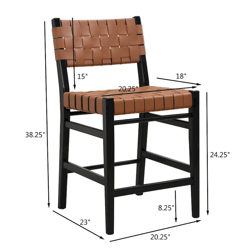 Tabourets de comptoir tissés en similicuir PU noir marron, lot de 2