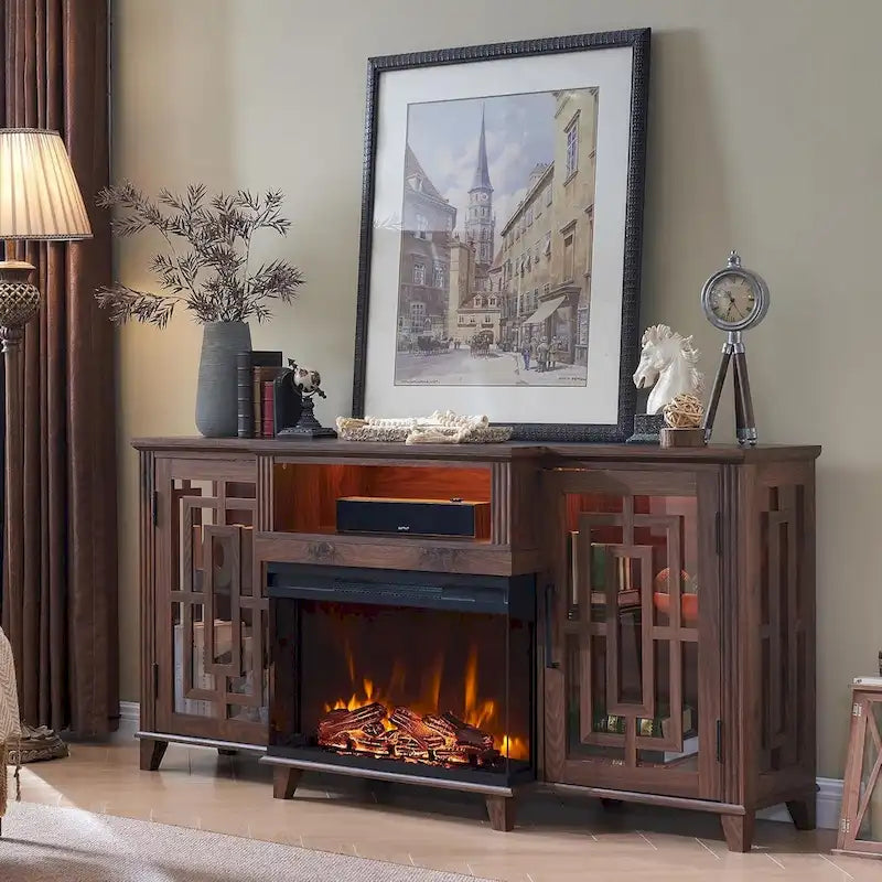 Meuble TV de cheminée électrique à 3 côtés en verre de style ferme, noir/marron/blanc, compatible avec les TV jusqu'à 75 pouces