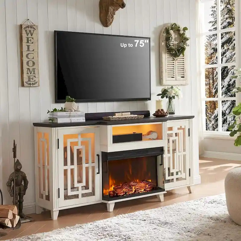 Meuble TV de cheminée électrique à 3 côtés en verre de style ferme, noir/marron/blanc, compatible avec les TV jusqu'à 75 pouces