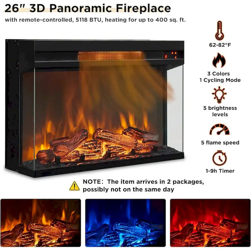 Meuble TV de cheminée électrique à 3 côtés en verre de style ferme, noir/marron/blanc, compatible avec les TV jusqu'à 75 pouces