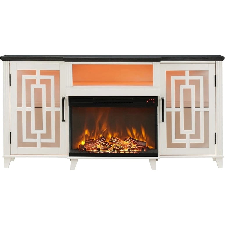 Meuble TV de cheminée électrique à 3 côtés en verre de style ferme, noir/marron/blanc, compatible avec les TV jusqu'à 75 pouces