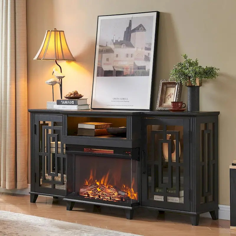 Meuble TV de cheminée électrique à 3 côtés en verre de style ferme, noir/marron/blanc, compatible avec les TV jusqu'à 75 pouces