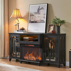 Meuble TV de cheminée électrique à 3 côtés en verre de style ferme, noir/marron/blanc, compatible avec les TV jusqu'à 75 pouces