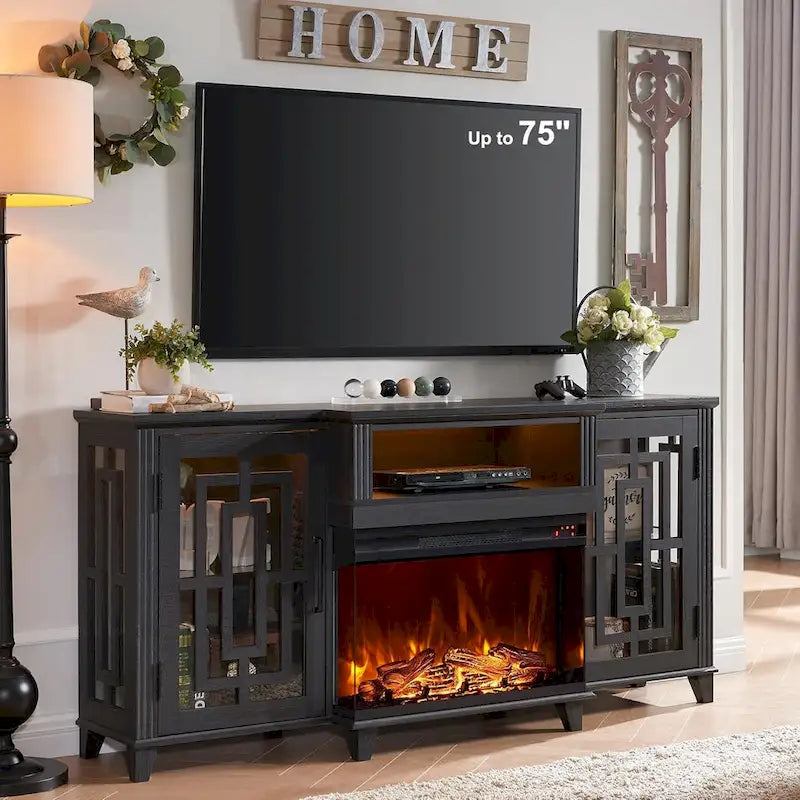 Meuble TV de cheminée électrique à 3 côtés en verre de style ferme, noir/marron/blanc, compatible avec les TV jusqu'à 75 pouces