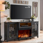 Meuble TV de cheminée électrique à 3 côtés en verre de style ferme, noir/marron/blanc, compatible avec les TV jusqu'à 75 pouces