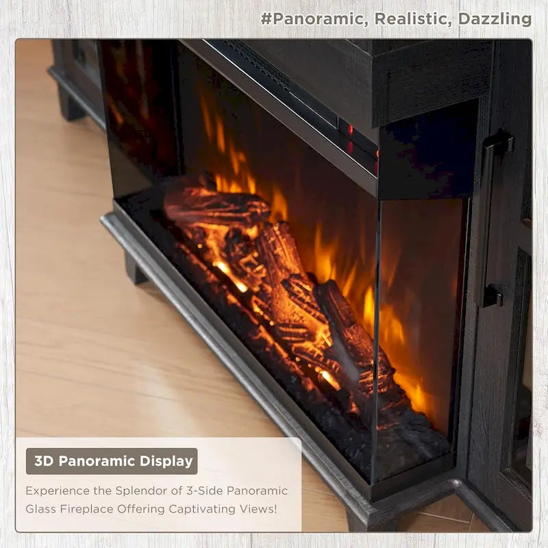 Meuble TV de cheminée électrique à 3 côtés en verre de style ferme, noir/marron/blanc, compatible avec les TV jusqu'à 75 pouces