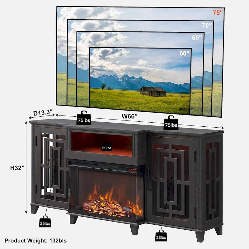 Meuble TV de cheminée électrique à 3 côtés en verre de style ferme, noir/marron/blanc, compatible avec les TV jusqu'à 75 pouces