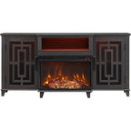 Meuble TV de cheminée électrique à 3 côtés en verre de style ferme, noir/marron/blanc, compatible avec les TV jusqu'à 75 pouces