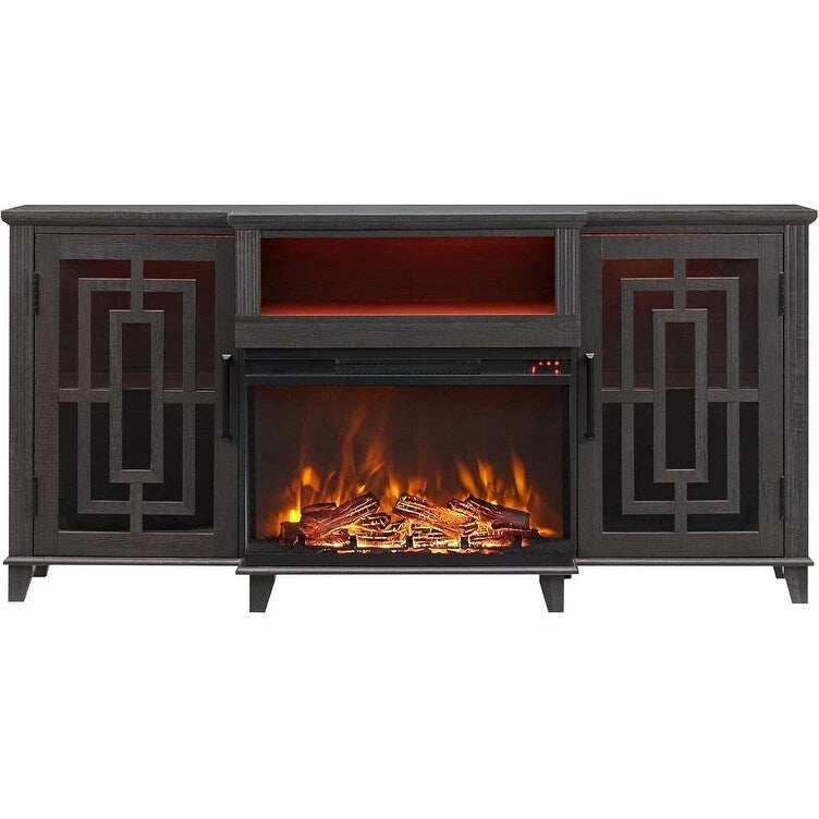 Meuble TV de cheminée électrique à 3 côtés en verre de style ferme, noir/marron/blanc, compatible avec les TV jusqu'à 75 pouces