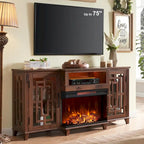 Meuble TV de cheminée électrique à 3 côtés en verre de style ferme, noir/marron/blanc, compatible avec les TV jusqu'à 75 pouces