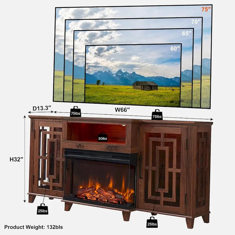 Meuble TV de cheminée électrique à 3 côtés en verre de style ferme, noir/marron/blanc, compatible avec les TV jusqu'à 75 pouces