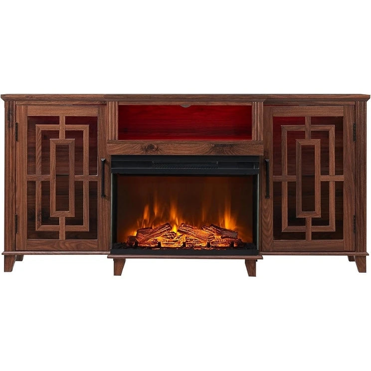 Meuble TV de cheminée électrique à 3 côtés en verre de style ferme, noir/marron/blanc, compatible avec les TV jusqu'à 75 pouces