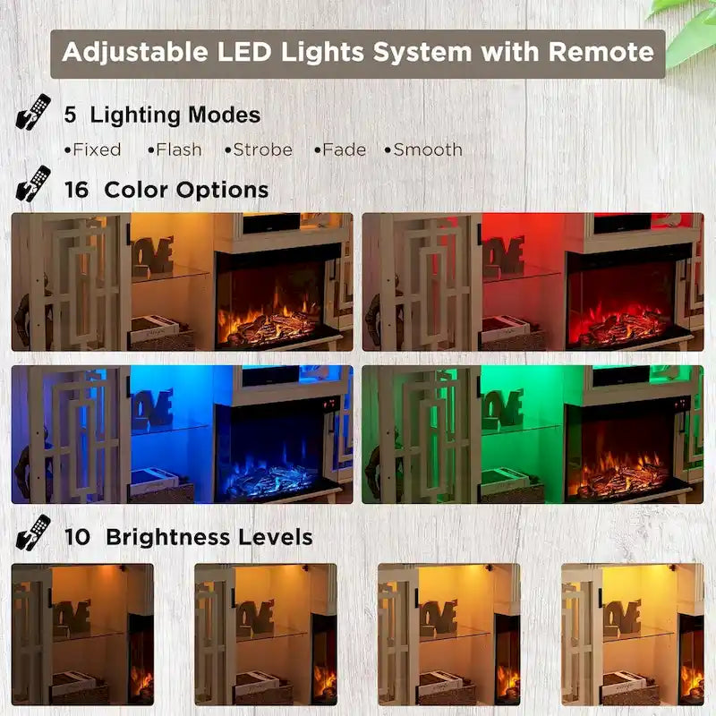 Meuble TV de cheminée électrique à 3 côtés en verre de style ferme, noir/marron/blanc, compatible avec les TV jusqu'à 75 pouces