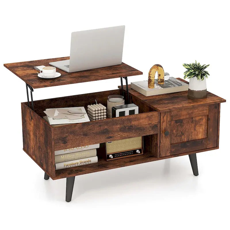 Table basse relevable naturelle/marron avec compartiment caché et meuble de rangement — 1 personne