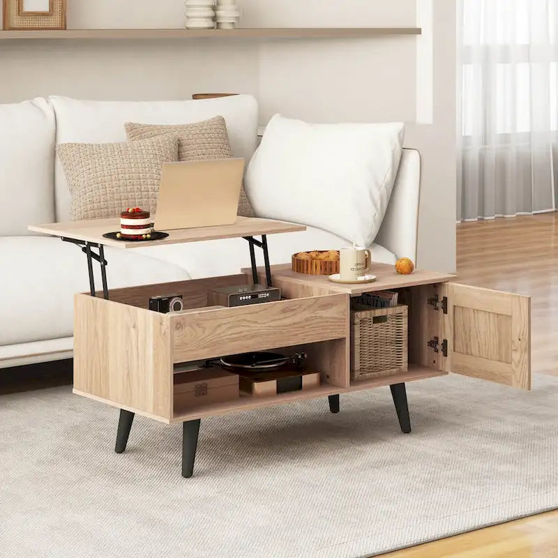 Table basse relevable naturelle/marron avec compartiment caché et meuble de rangement — 1 personne