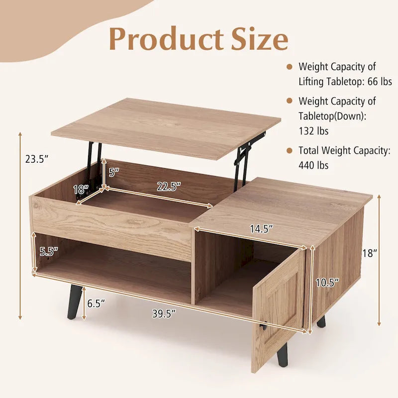 Table basse relevable naturelle/marron avec compartiment caché et meuble de rangement — 1 personne