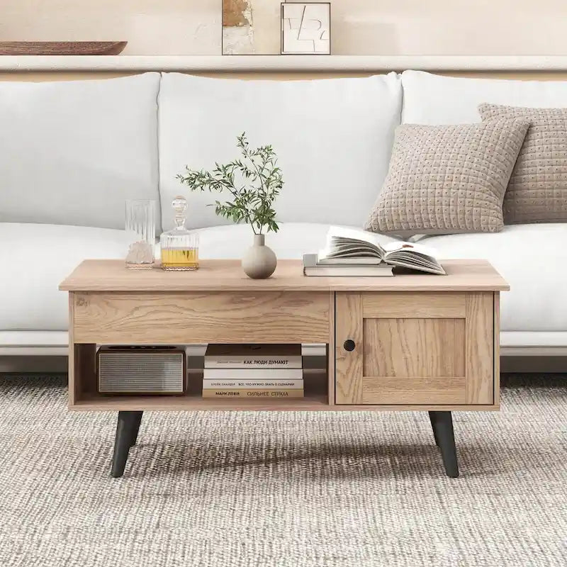 Table basse relevable naturelle/marron avec compartiment caché et meuble de rangement — 1 personne