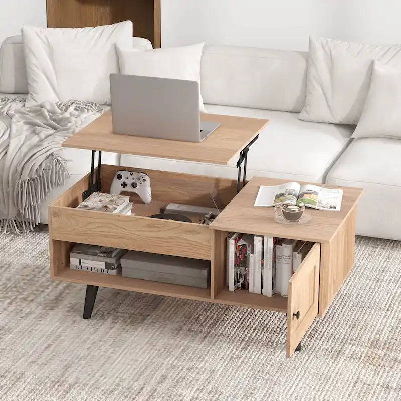 Table basse relevable naturelle/marron avec compartiment caché et meuble de rangement — 1 personne