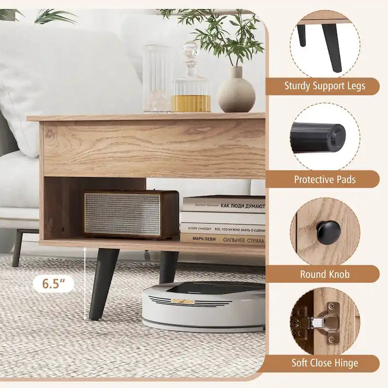 Table basse relevable naturelle/marron avec compartiment caché et meuble de rangement — 1 personne