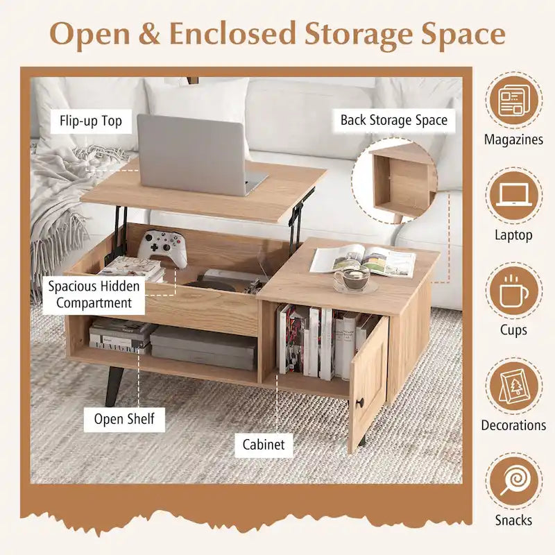 Table basse relevable naturelle/marron avec compartiment caché et meuble de rangement — 1 personne