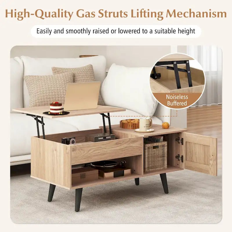 Table basse relevable naturelle/marron avec compartiment caché et meuble de rangement — 1 personne
