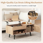 Table basse relevable naturelle/marron avec compartiment caché et meuble de rangement — 1 personne