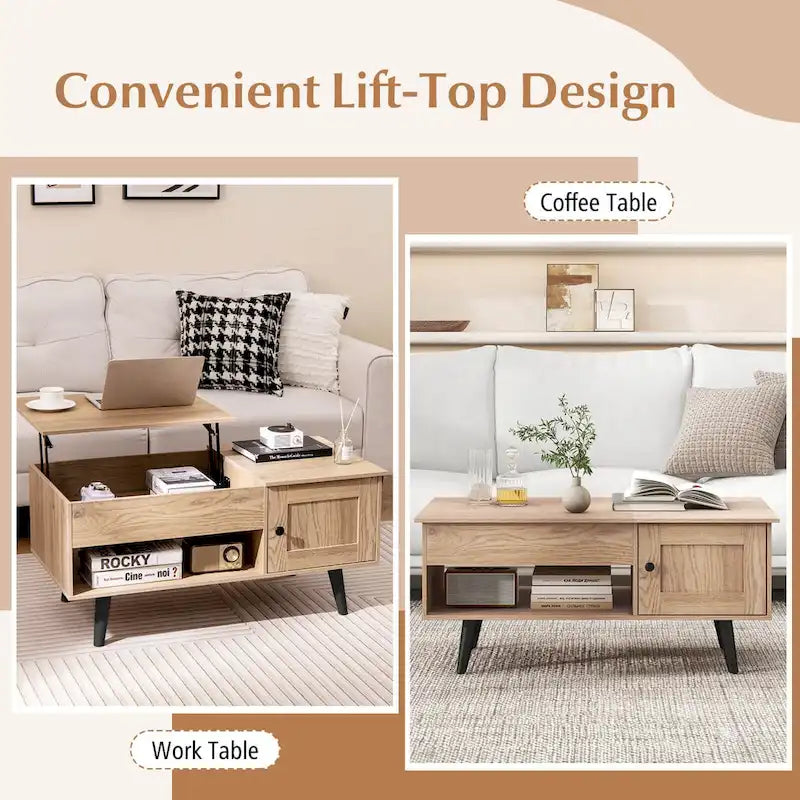Table basse relevable naturelle/marron avec compartiment caché et meuble de rangement — 1 personne