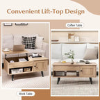 Table basse relevable naturelle/marron avec compartiment caché et meuble de rangement — 1 personne