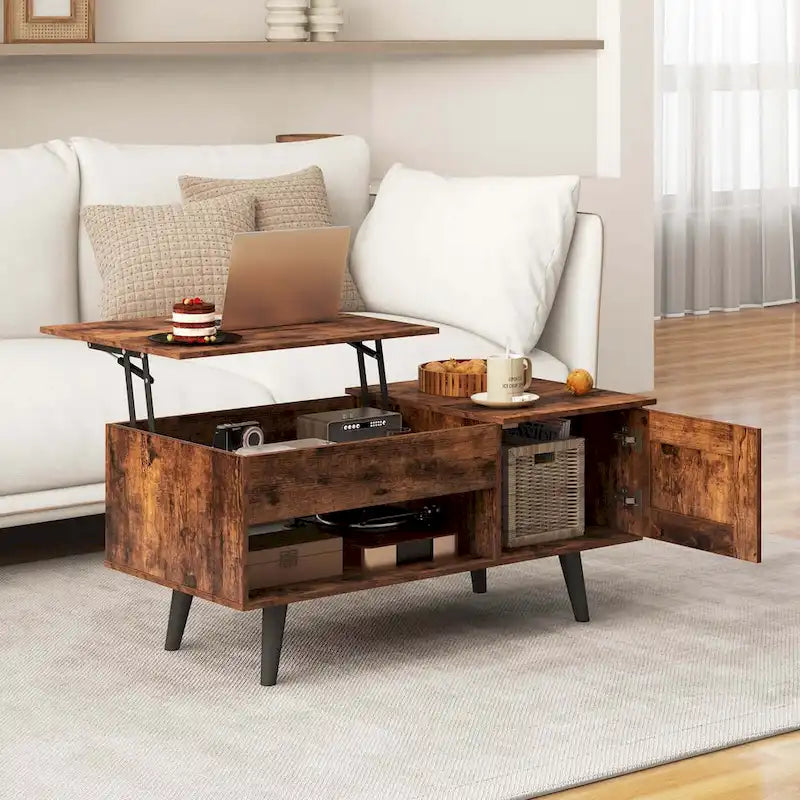 Table basse relevable naturelle/marron avec compartiment caché et meuble de rangement — 1 personne