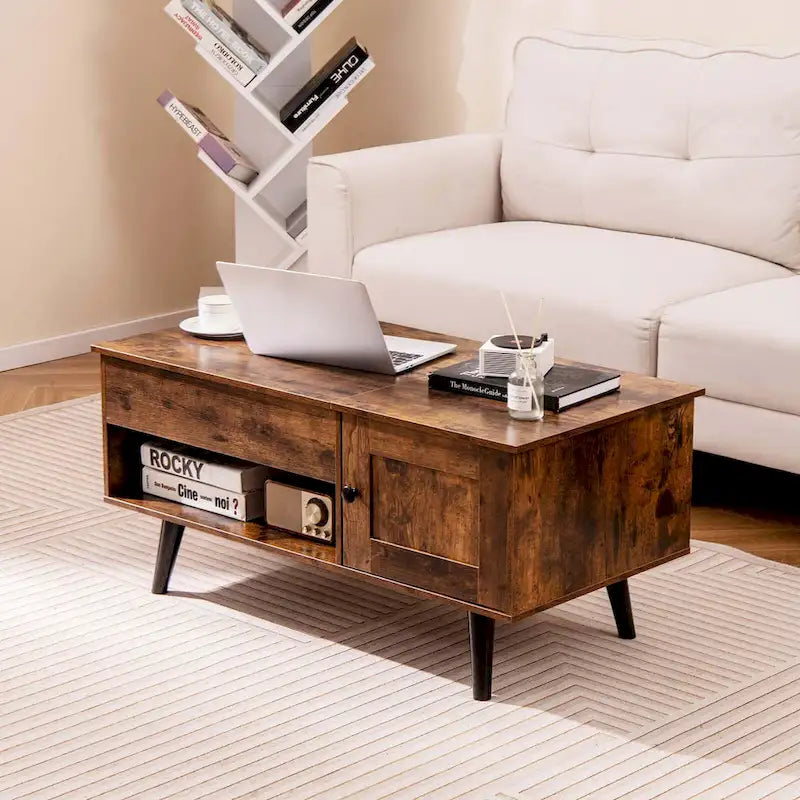 Table basse relevable naturelle/marron avec compartiment caché et meuble de rangement — 1 personne