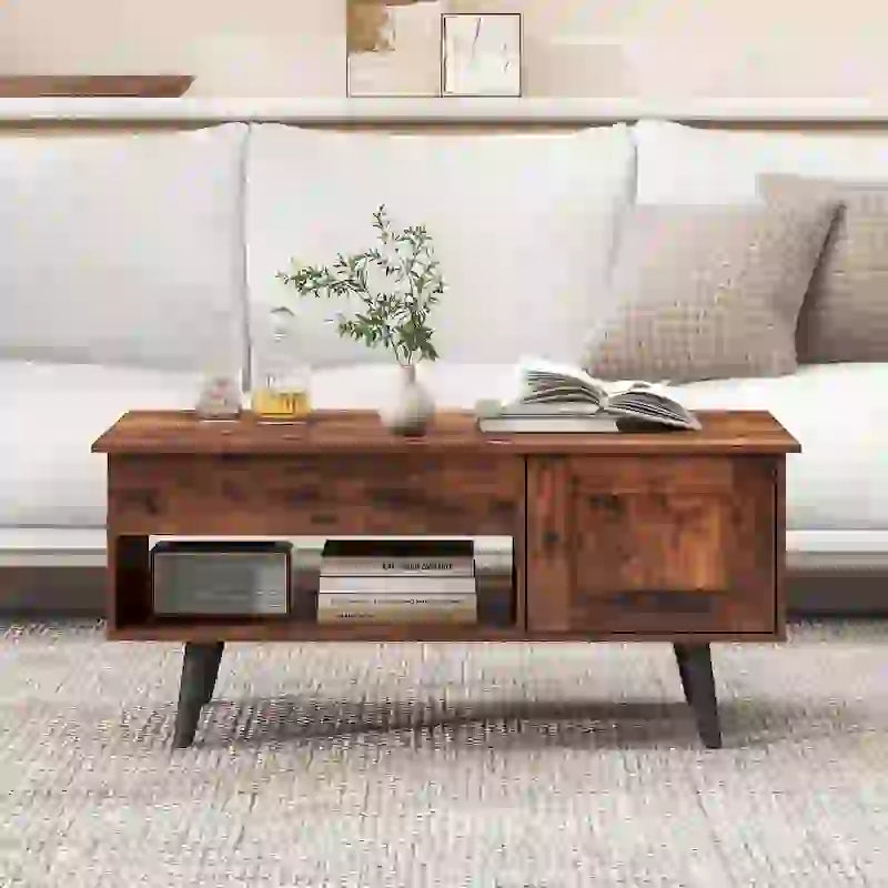 Table basse relevable naturelle/marron avec compartiment caché et meuble de rangement — 1 personne