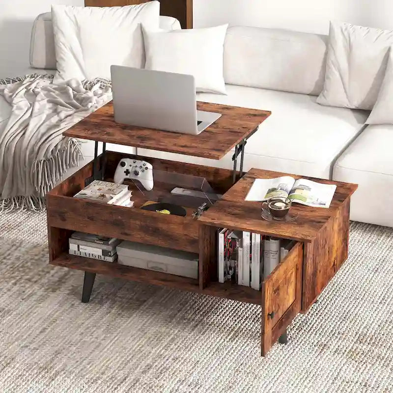 Table basse relevable naturelle/marron avec compartiment caché et meuble de rangement — 1 personne