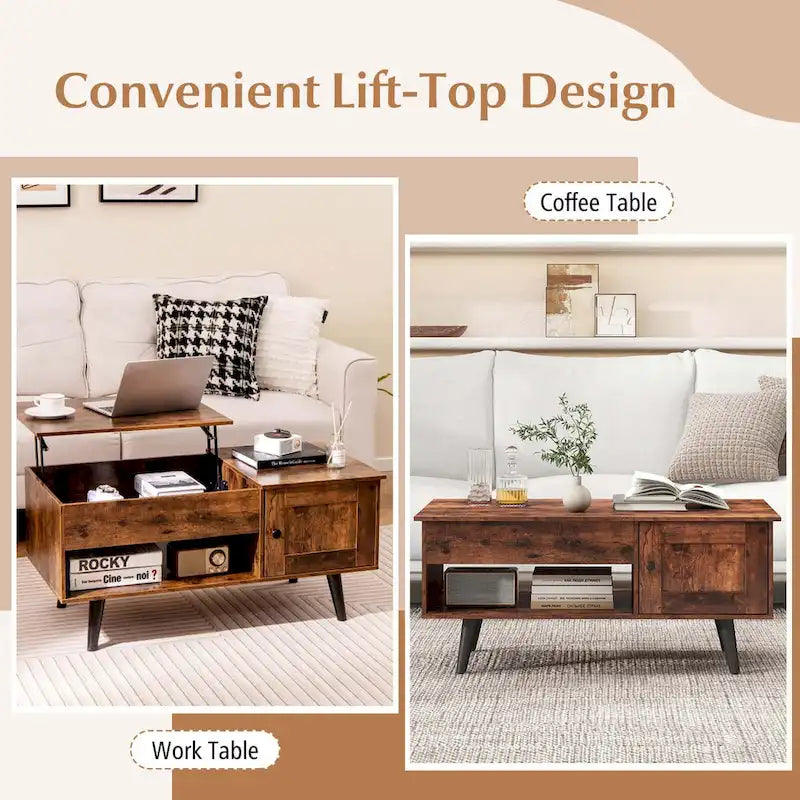 Table basse relevable naturelle/marron avec compartiment caché et meuble de rangement — 1 personne