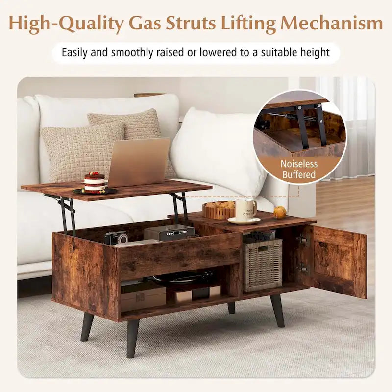 Table basse relevable naturelle/marron avec compartiment caché et meuble de rangement — 1 personne