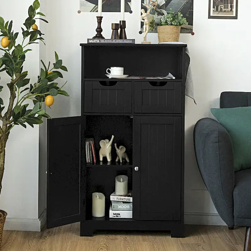 Meuble bas de rangement avec tiroirs et porte, espresso / noir / gris — 3 compartiments
