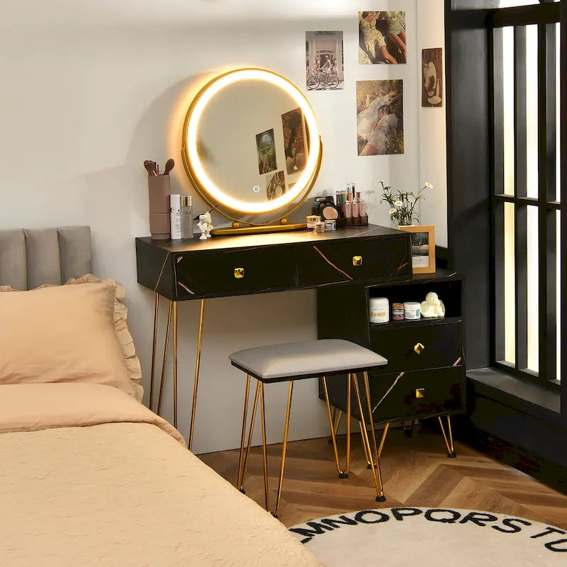 Coiffeuse et tabouret avec miroir LED et meuble latéral – Marron / Noir / Blanc – 1 personne