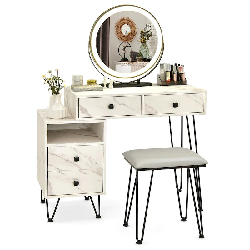 Coiffeuse et tabouret avec miroir LED et meuble latéral – Marron / Noir / Blanc – 1 personne