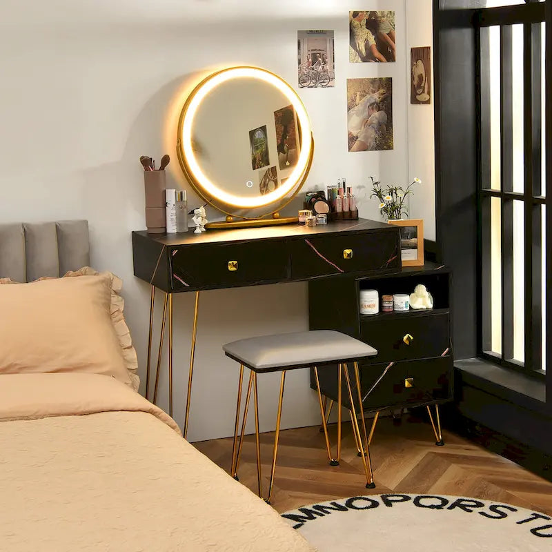 Coiffeuse et tabouret avec miroir LED et meuble latéral – Marron / Noir / Blanc – 1 personne
