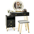 Coiffeuse et tabouret avec miroir LED et meuble latéral – Marron / Noir / Blanc – 1 personne