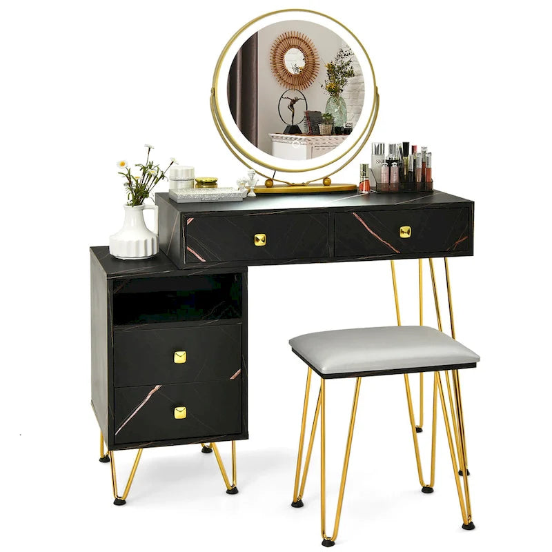 Coiffeuse et tabouret avec miroir LED et meuble latéral – Marron / Noir / Blanc – 1 personne