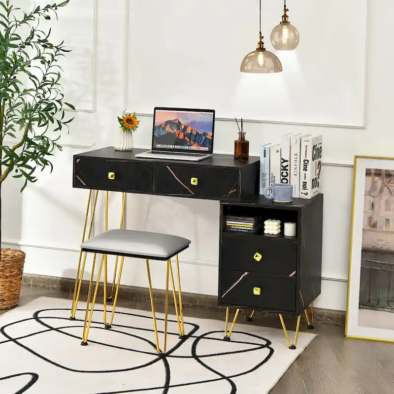 Coiffeuse et tabouret avec miroir LED et meuble latéral – Marron / Noir / Blanc – 1 personne